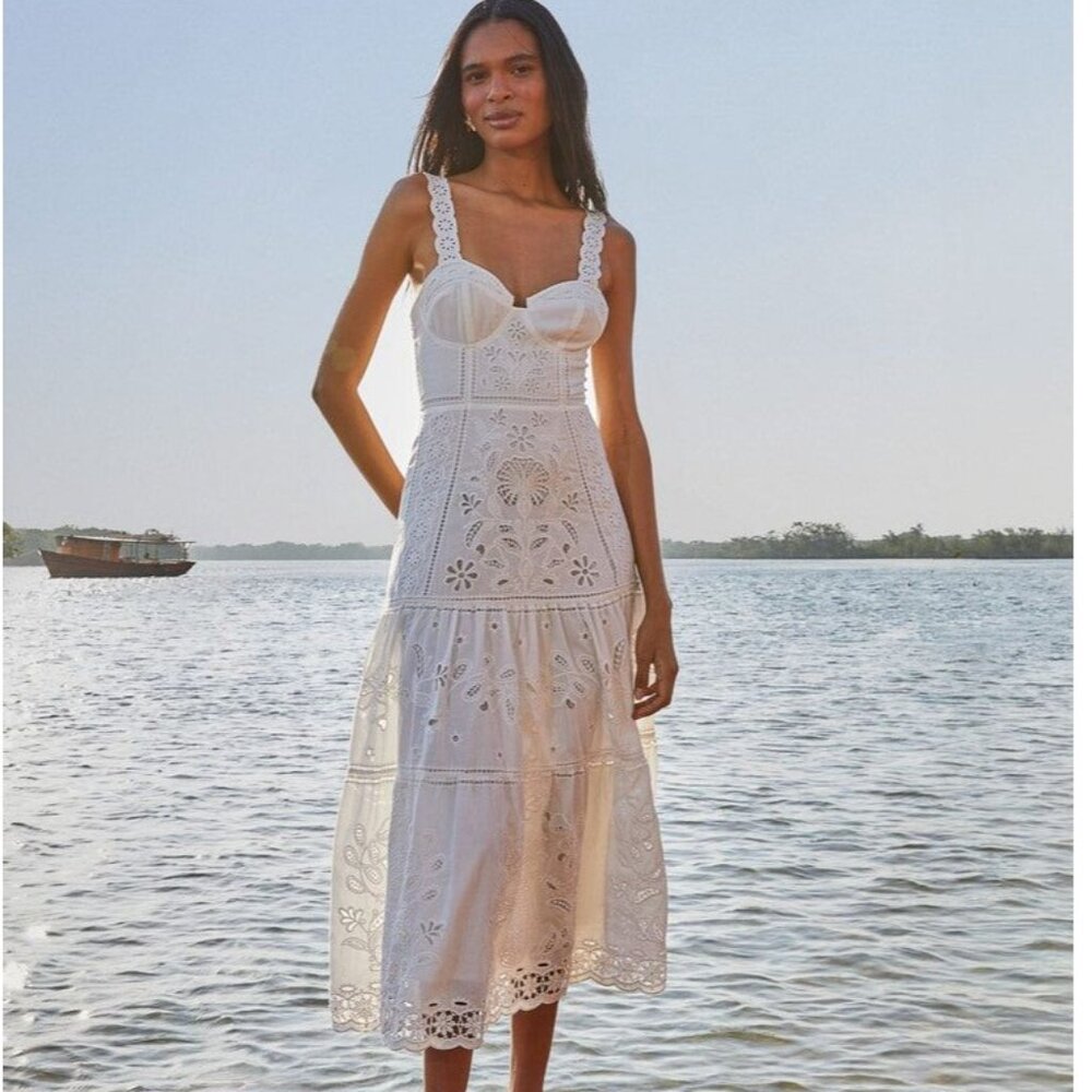 FARM Rio Midi Dress XL White Richelieu Broderie Anglaise Sundress Bustier Corset - Picture 2 of 16